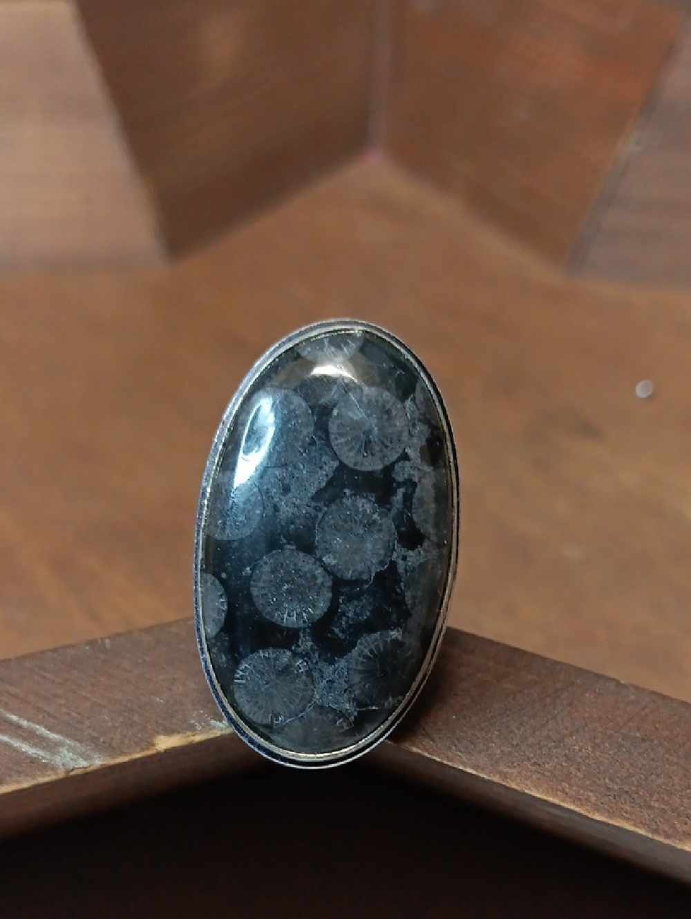 Black Fossil Stone Oval Cocktail Ring - Unbranded